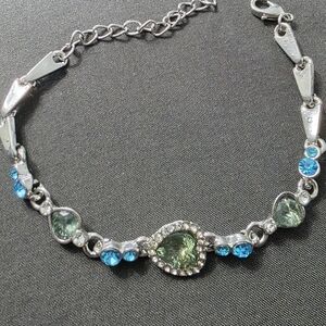 Estate - Silver Tone - Heart Bracelet - Green and Blue Stones - Item 389
